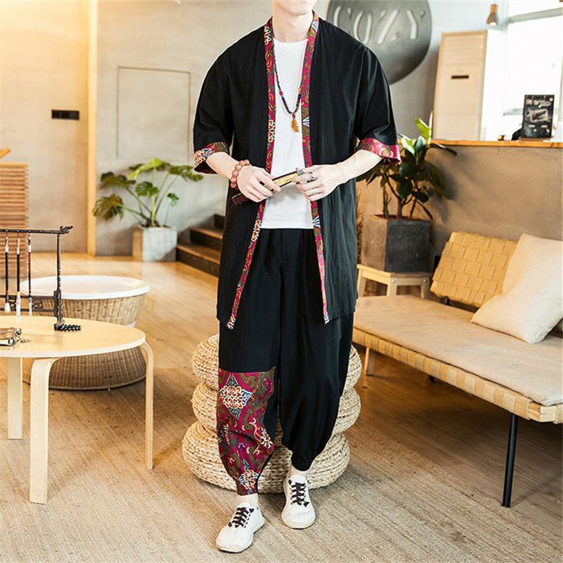 gaya Cina pria musim panas kardigan tipis dua potong bau baju retro jubah katun dan linen kimono se