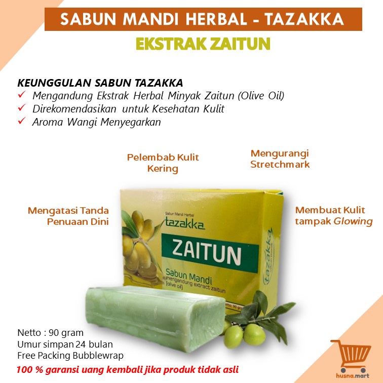 Zaitun Ekstrak Sabun Mandi Herbal Olive Oil Batang Pelembab Kulit Kering Herbal Tazakka 90 gr Body Wash