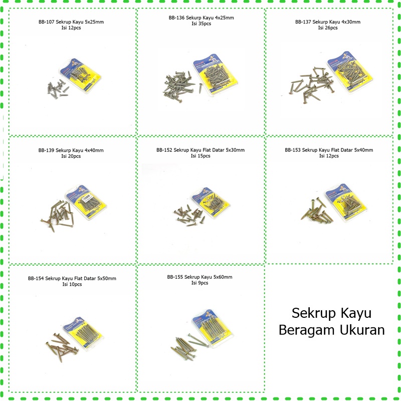 Sekrup Kayu Ukuran 4x25mm/4x40mm/5x25mm/5x30mm/5x40mm/5x50mm/5x60mm