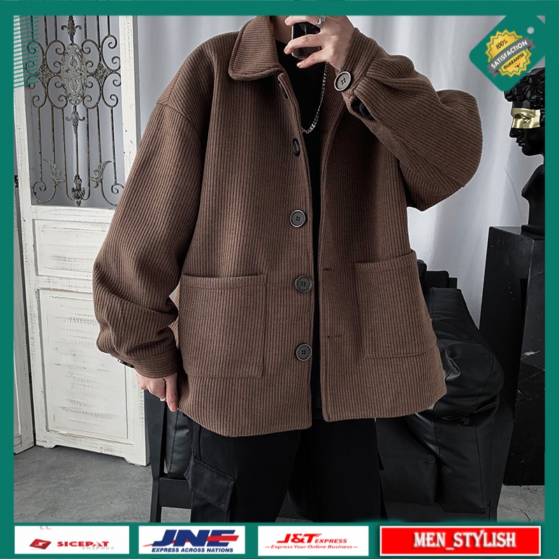 Jaket Pria Bulu Dalam Corduroy Jacket Men's Fashion Solid Color Retro Casual Pocket Tooling Jacket M