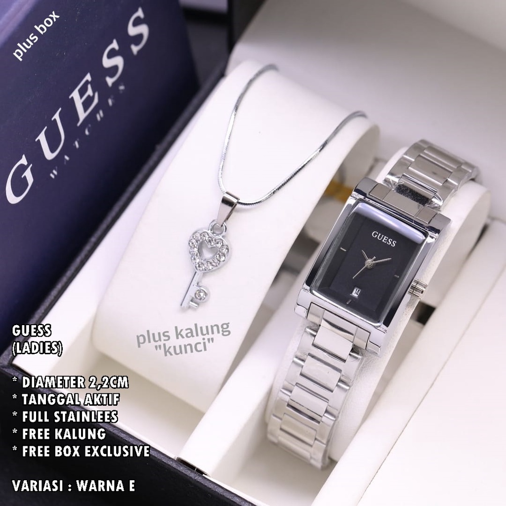 (FREE BOX) JAM TANGAN WANITA GUESS RANTAI BODY SEGI TANGGAL AKTIF FREE KALUNG