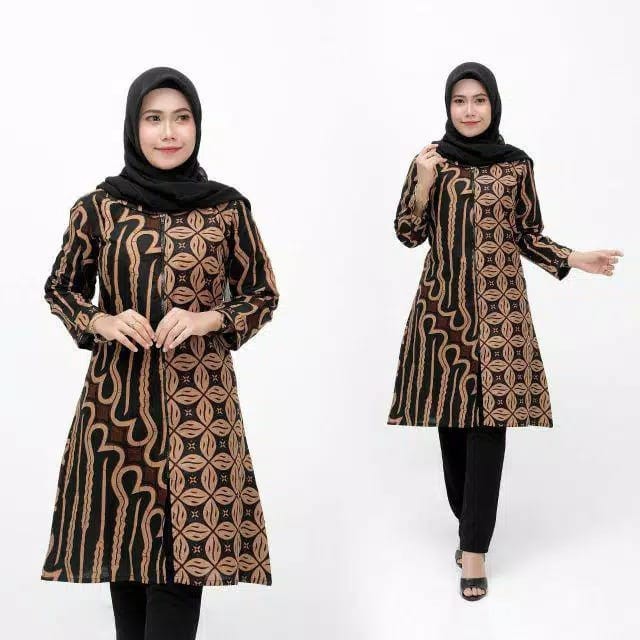 COD - Tunik batik wanita lawasan coklat kekinian M L XL XXL Jumbo-8