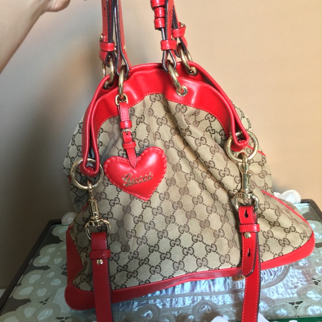 PRELOVED TAS HANDBAG GUCCI ASLI - KULIT ASLI DENGAN BAHAN CANVAS DAN LINING MERAH