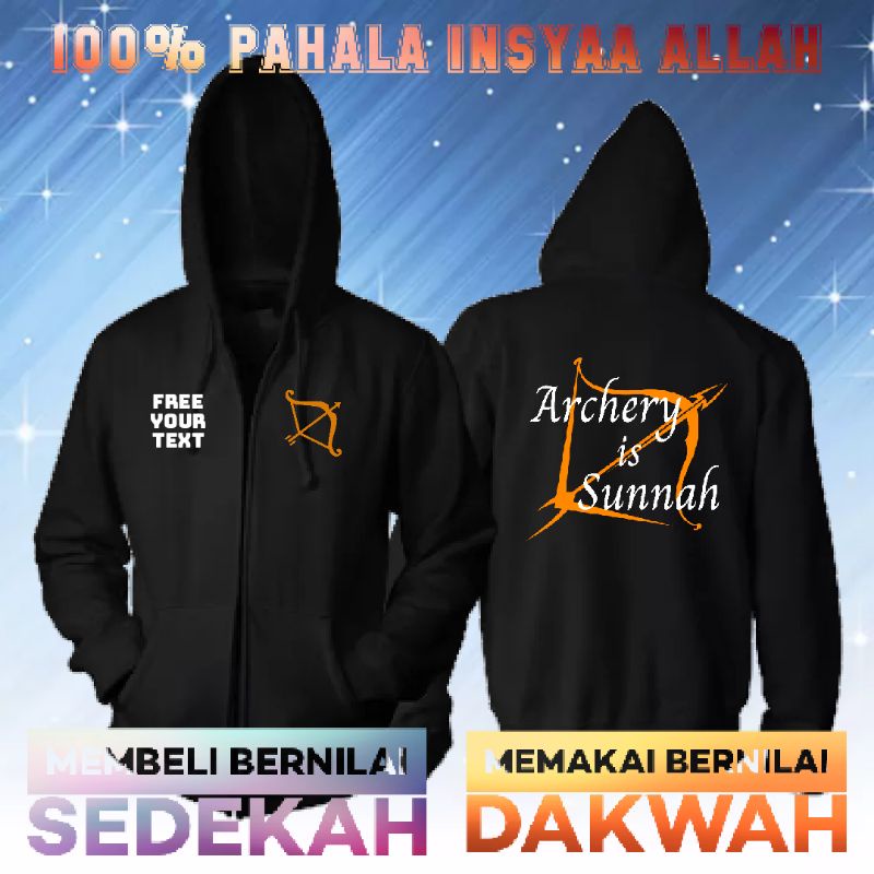 hoodie zipper jaket archery is sunnah + bisa custom, hoodie murah bisa request text untuk kata-kata 