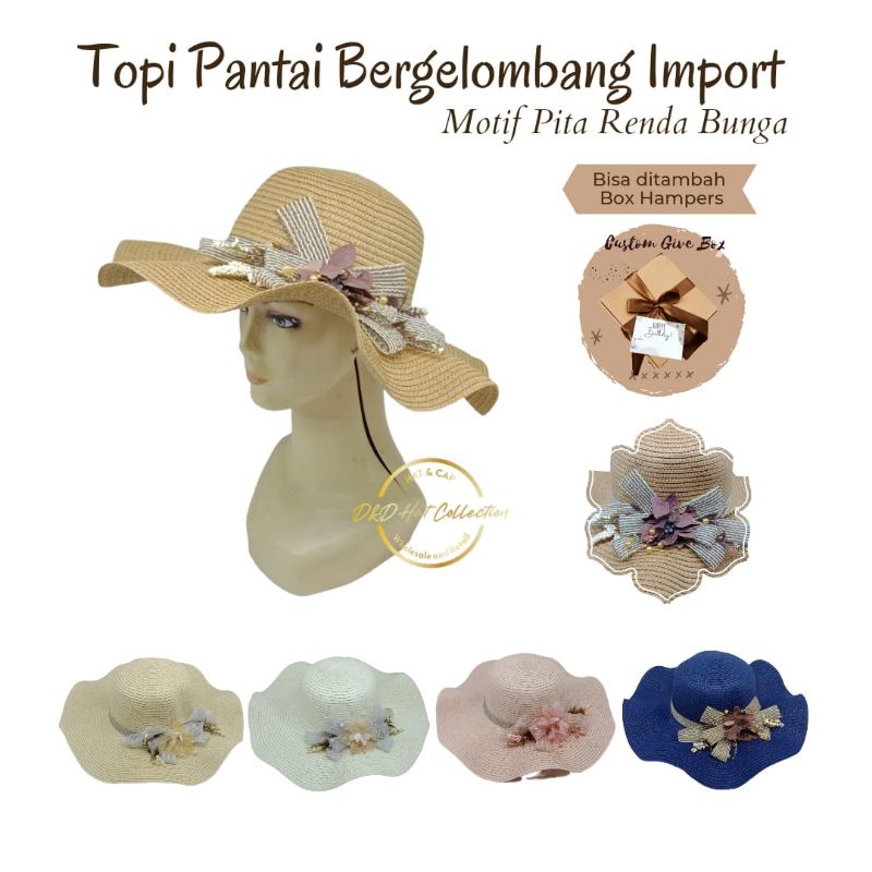 Topi Pantai Gelombang Import Pita Renda Bunga Topi Fashion Wanita