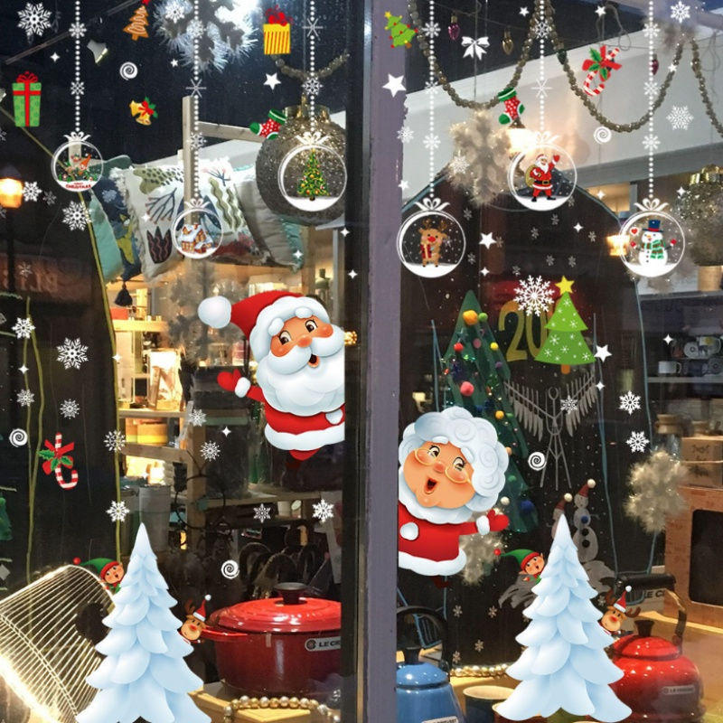 1 Lembar Stiker Dinding / Jendela Kaca Statis Desain Snowflake Santa Claus Untuk Dekorasi Natal