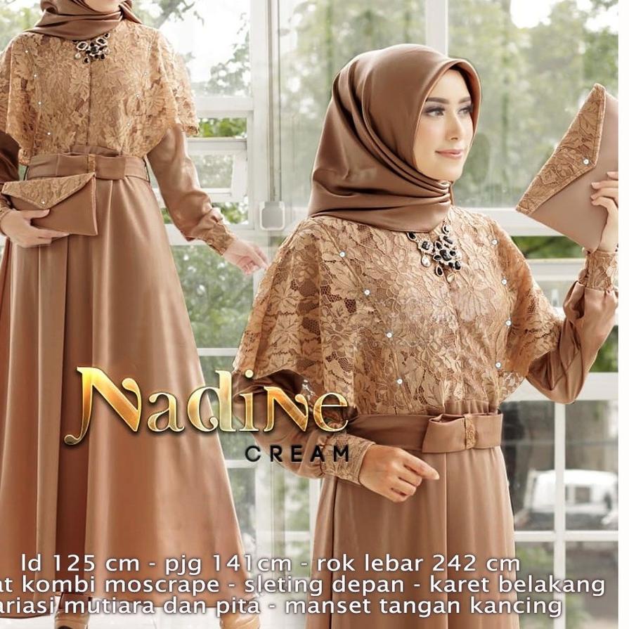 ☝ Maxi Gamis Pesta NADINE 3XL JUMBO Brukat kombi Moscrepe BUSUI Sreting Variasi Mutiara dan Pita ❉