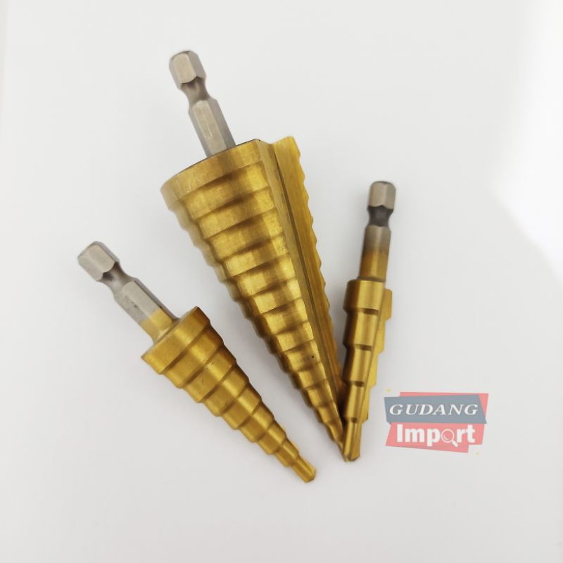 STEP DRILL DRIL MATA BOR PAGODA KERUCUT PEMBOLONG BESI KAYU PLASTIK HOLESAW SET ISI 3