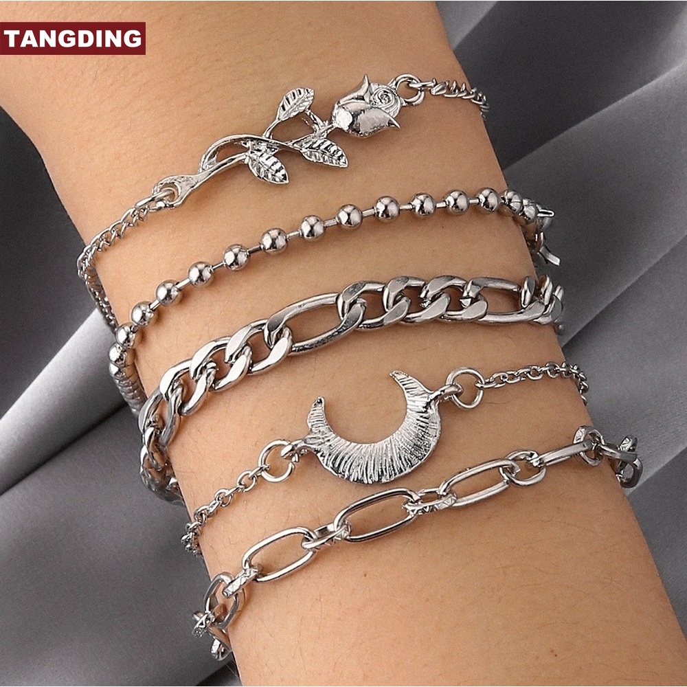 【COD Tangding】5pcs / set Gelang Tangan Rantai Ornamen Bulan Sabit Mawar Salib Daun Untuk Wanita