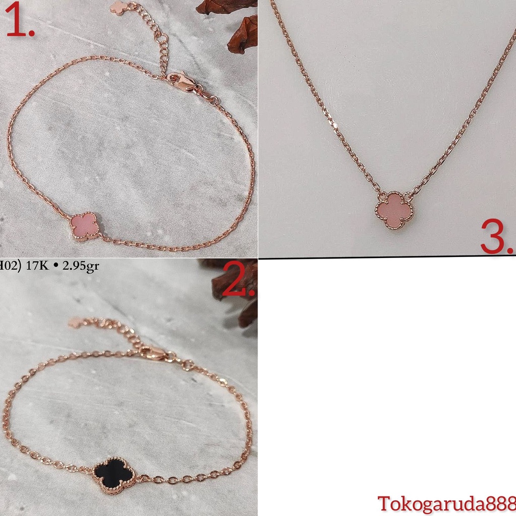 Kalung set gelang tangan anak dan dewasa emas asli kadar 750 75 17k rosegold van clef branded clover hitam black pink rantai tiger 2 3 gram gr