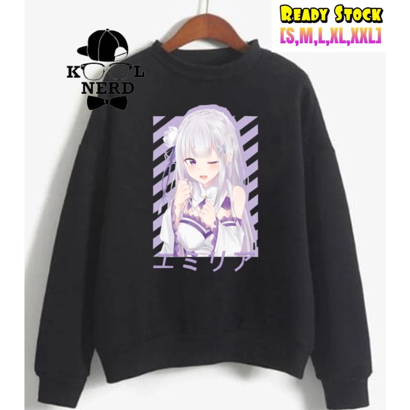 CREW NECK MANGA JEPANG RE : ZERO KARA HAJIMERU ISEKAI SEIKATSU EMILIA CHARACTER (READY SIZE S-XXL)
