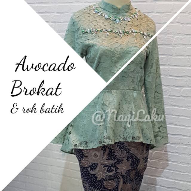 Preloved Setelan Baju Pesta Wanita Avocado Brokat dan Rok Batik