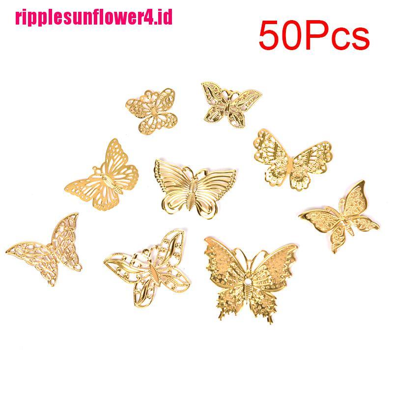 50pcs / set Peluru Kupu-Kupu Hollow Out Bahan Metal Warna Emas Untuk Membuat Perhiasan