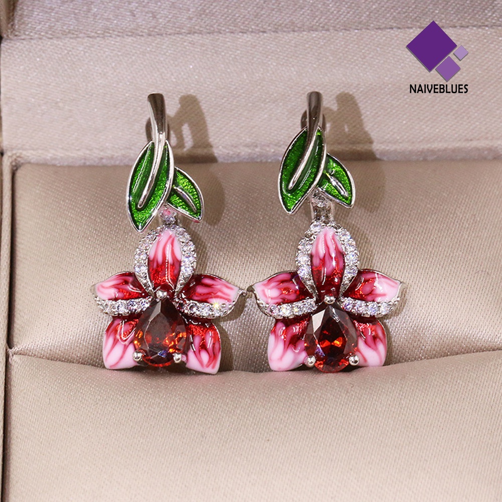 Anting Leverback Enamel Bentuk Daun Bunga Aksen Berlian Imitasi Untuk Wanita