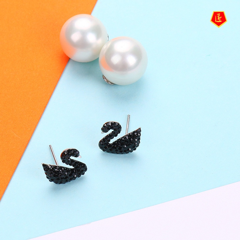 [Ready Stock]25 Silver Korean Style Pearl Black Swan Earrings