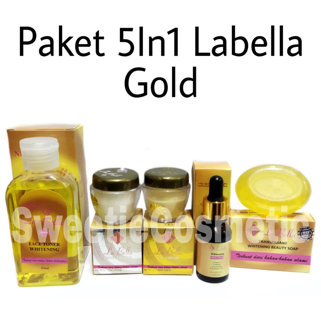 Paket 5in1 Labella Gold ( Cream Siang + Malam + Serum + Toner + Sabun )