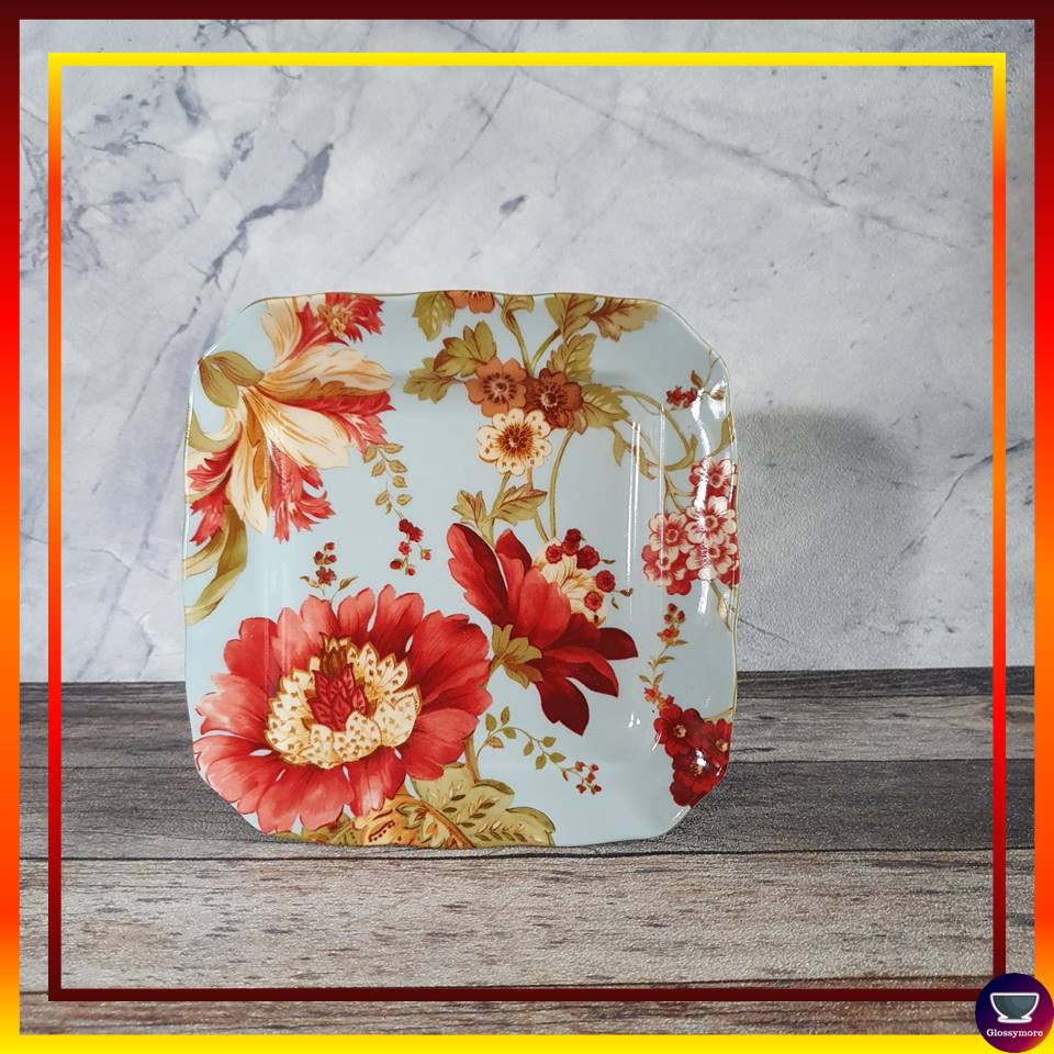 Piring Kecil Kue Keramik Motif Bunga Cantik Ruby Red Saucer 16cm x16cm