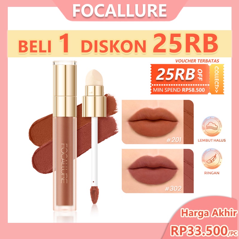 FOCALLURE 2 In 1 Matte Lipstick Velvet Liptint Lightweight Breathable Lip Mud High Pigmented Lipclay Multi-use with Sponge Lip Brush
