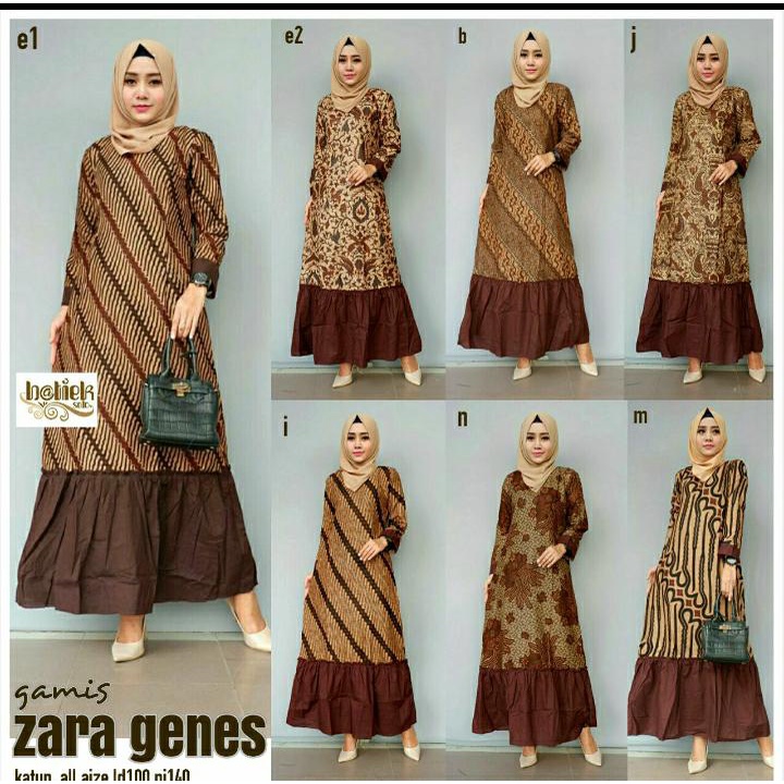 Gamis Lesva Dress Batik Sogan Casual Baju Muslim Kerja Kantoran Kondangan Modern