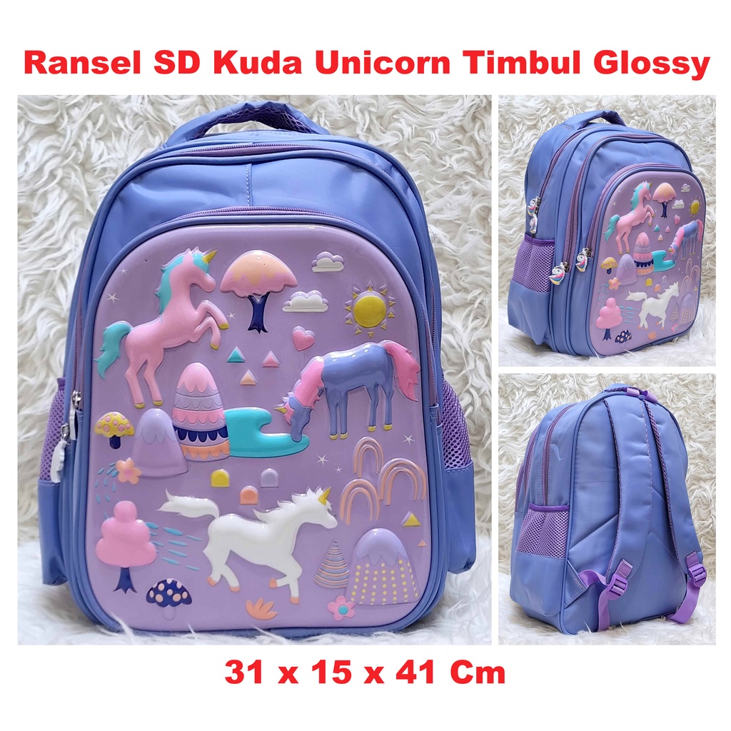 Ransel Sekolah TK SD Kuda Unicorn Timbul Glossy Backpack Horse