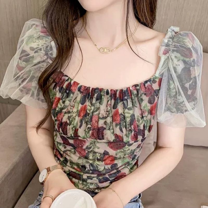 5592 Baju atasan blouse Sabrina motif bunga flower floral Korean style wanita import baju atasan blo