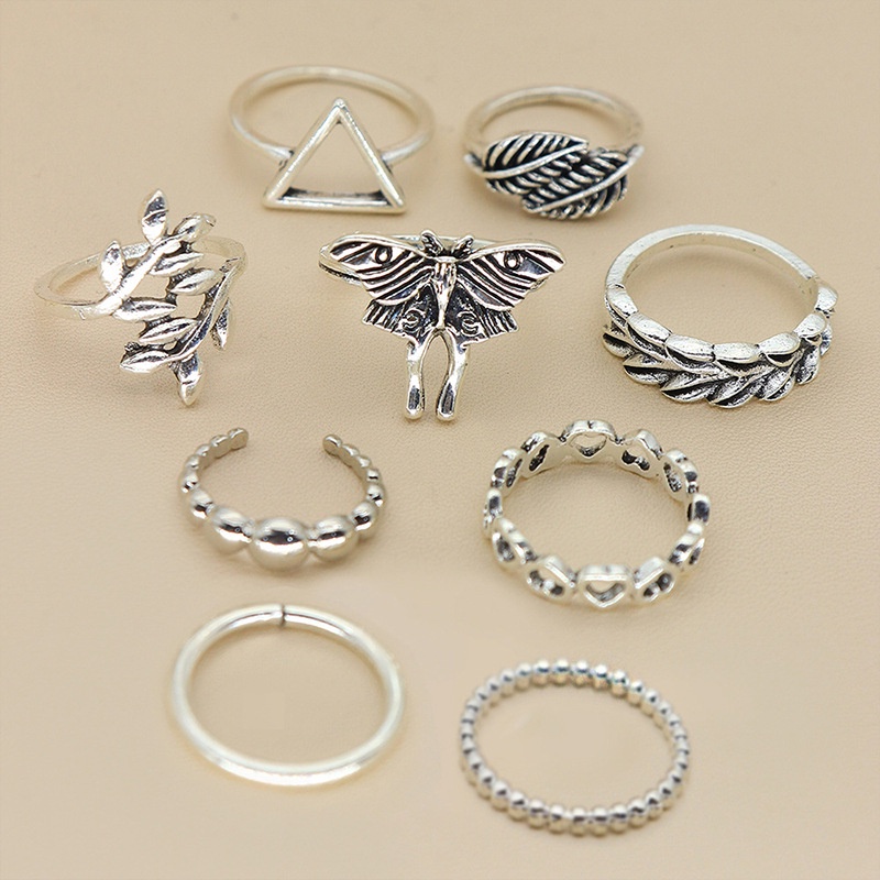 Butterfly 9 Pcs / Set Cincin Buku Jari Aneka Bentuk Warna Silver Untuk Wanita