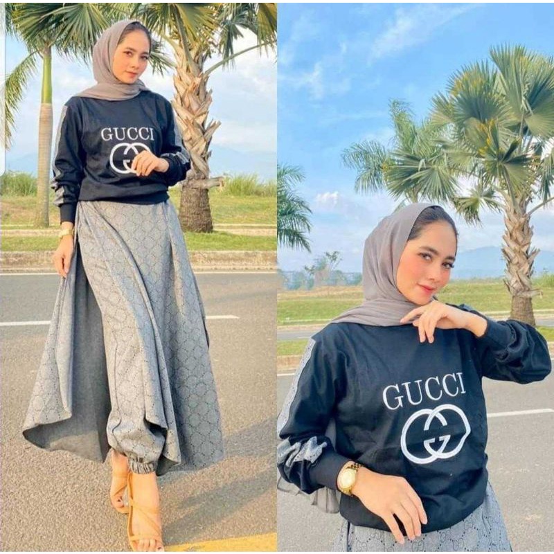 AZ NEW SET ROK BLOUSE BAHAN BABYTERY PINGGANG KARET KANTONG KANAN KIRI / SET ROK FASHION / SETELAN ROK WANITA-Guccii Black