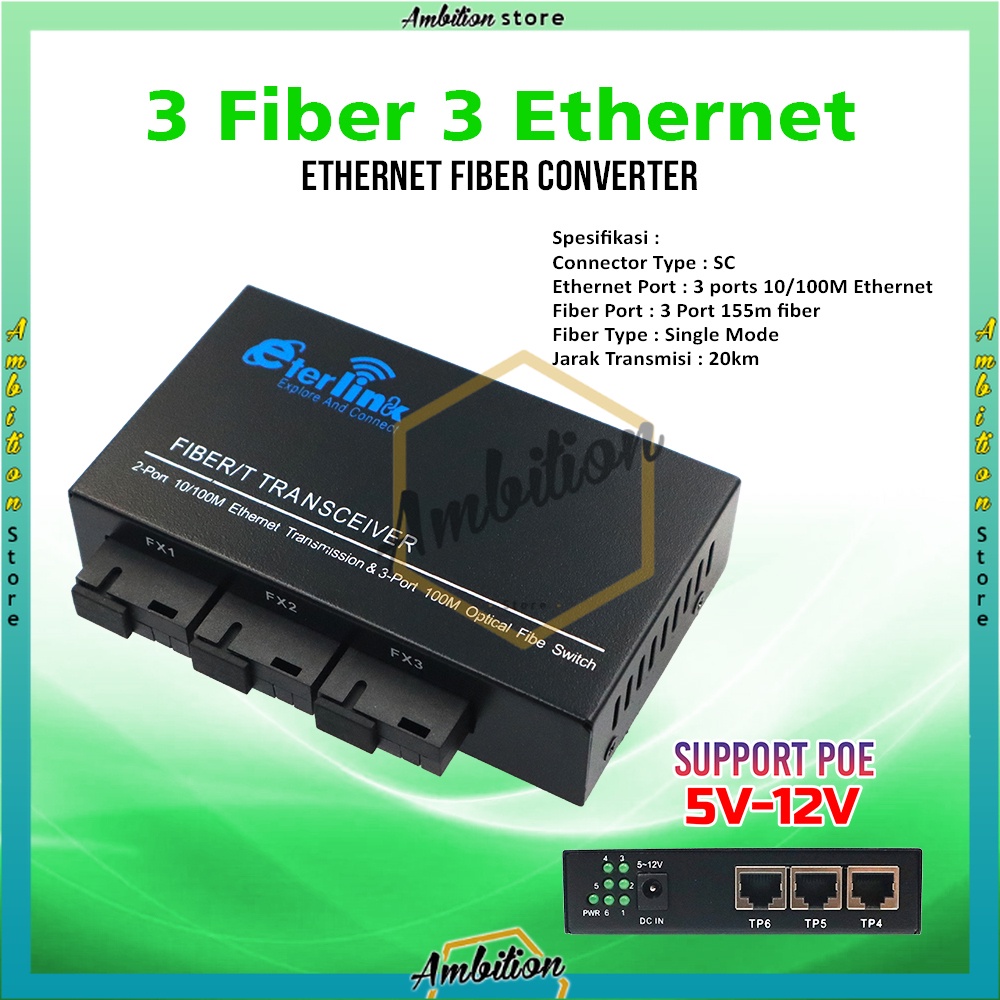 10/100M single mode 3FO 3LAN  3F3E Reverse POE Media Converter [Bisa Bayar Ditempat]