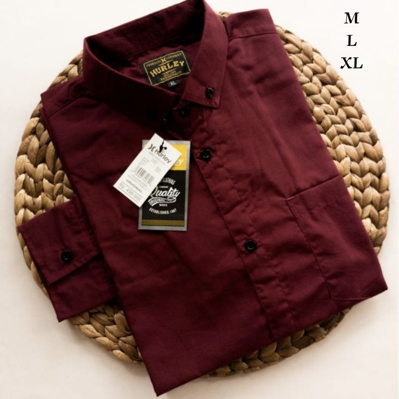 Kemeja Polos Maroon Lengan Panjang Original Distro Hurley