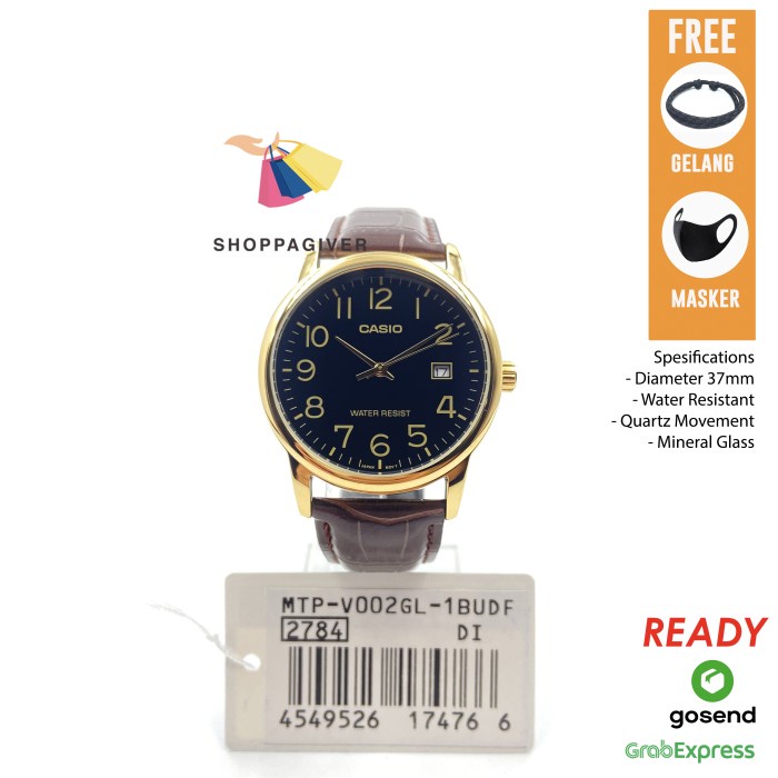 JAM TANGAN PRIA CASIO MTP-V002GL-1B / MTP-V002GL-1BUDF ANALOG ORIGINAL TALI KULIT FREE GELANG BERGAR