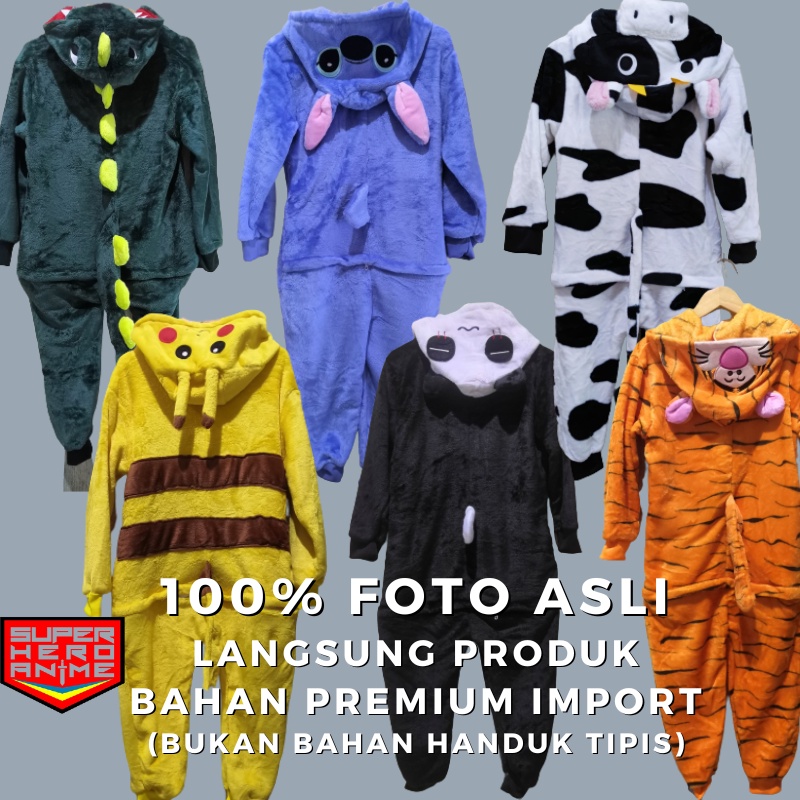 Onesie Anak Perempuan Laki Laki Dino Sapi Pikachu Tiger Stitch Panda Baju Tidur Kostum Karakter Animal Lucu Import