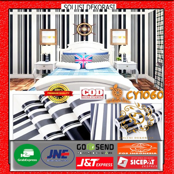 Wallpaper Dinding 10 Meter/ Motif Garis Hitam/ Bahan PVC Anti Air/ Solui Dekorasi