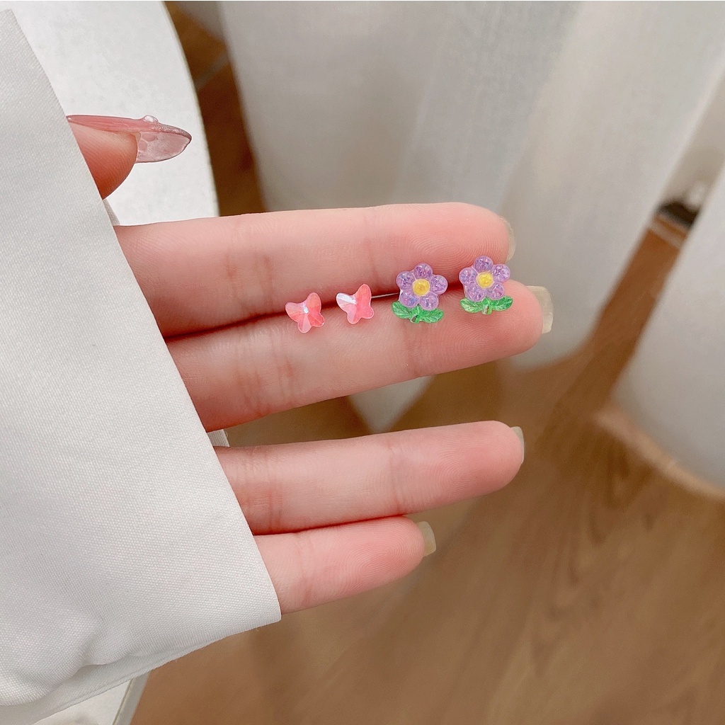 AY(CN) Set Anting Stud S925 Silver Bentuk Bunga Tulip Butterfly Bulat Geometri Aksen Kristal Gaya Korea Untuk Wanita