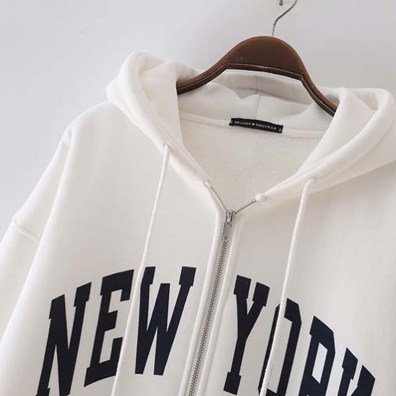 [ COD ] New York Zipper Hoodie Outerwear Fit XL Besar Oversize Sweater Unisex Wanita Pria Cowok Matt Fleece Tebal