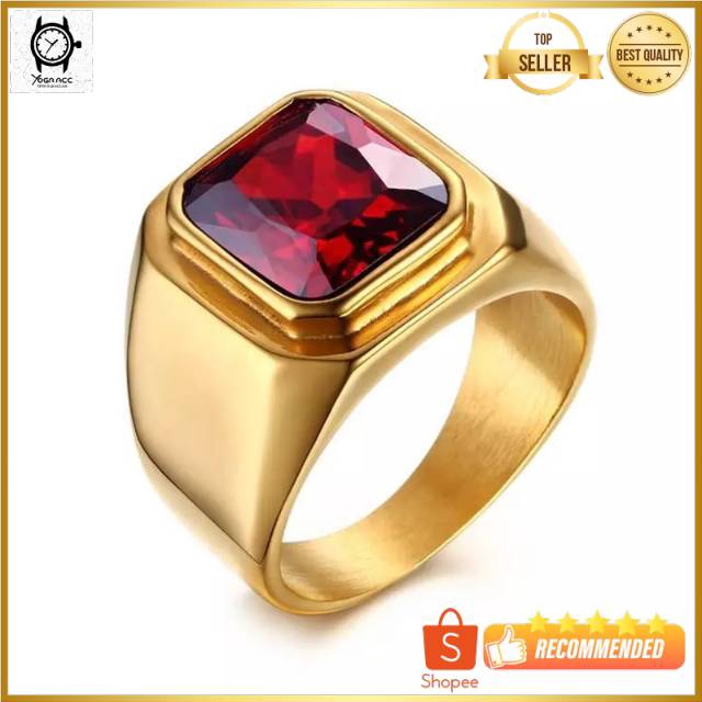 Cincin Pria Octagon Minimalis Ring Titanium Stainless Steel Warna Gold Batu Akik Merah Red Ruby