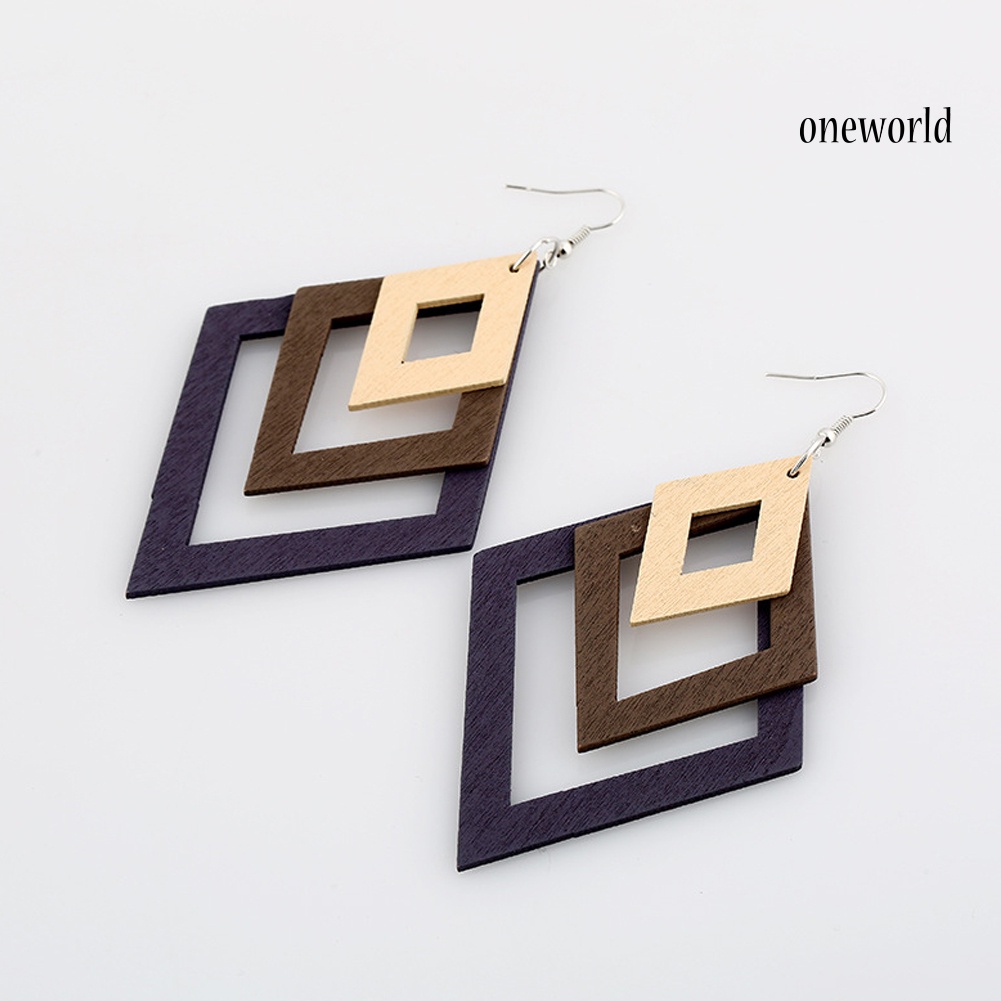 OW@ Creative Multilayer Irregular Dangle Hook Retro Wood Women Earrings Jewelry Gift