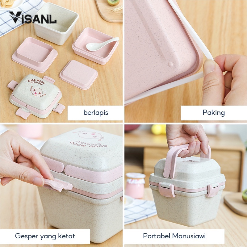 Lunch Box PP Jerami Gandum Bekal Free Sendok Kotak Tempat ​Makan Material Microwavable Anti Tumpah