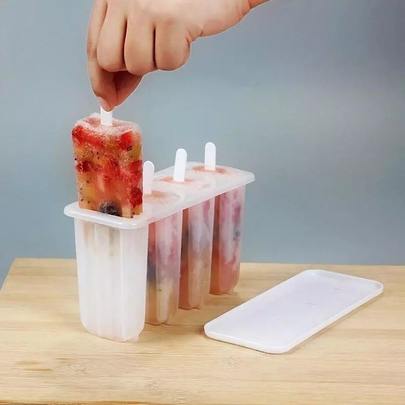 1pc Cetakan Es Krim Popsicle Model 4 Sel, Dapat Dipakai Ulang