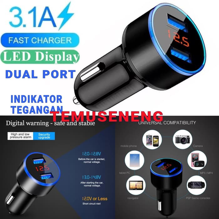 Charger Mobil 3,1A Led Dual Usb Car Fast Charging Indikator Voltmeter