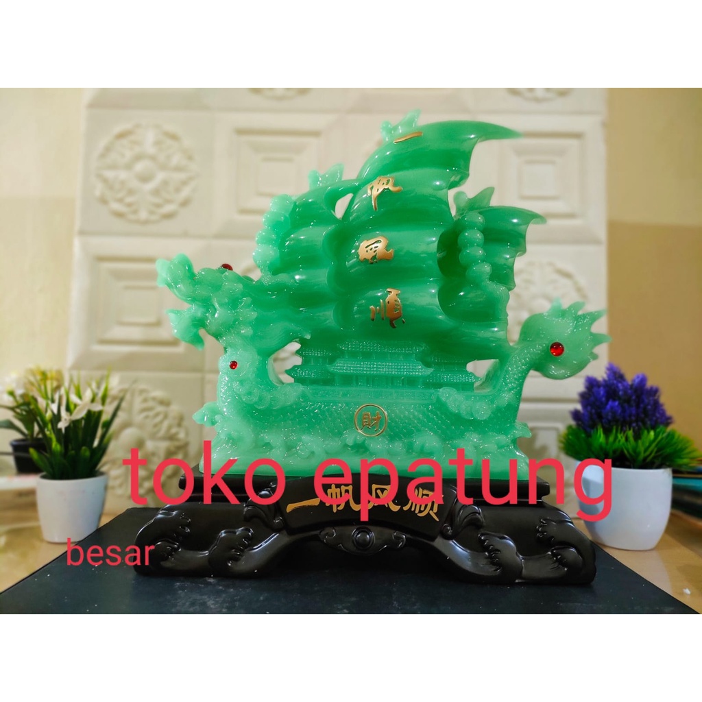 Patung Pajangan Kapal Dagang Rezeki/Naga Kapal Fengshui - Hijau -45 cm