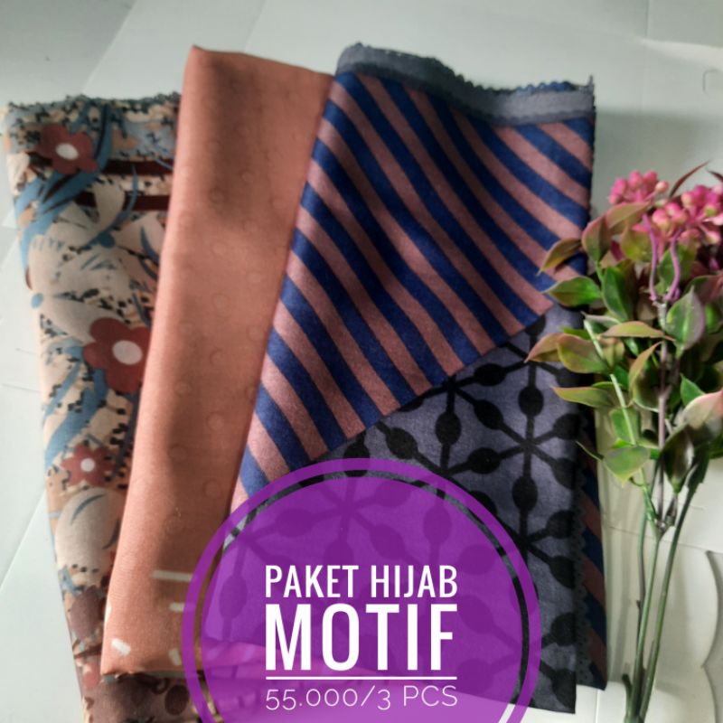 Paket usaha  jilbab segiempat voal motif 3 pcs