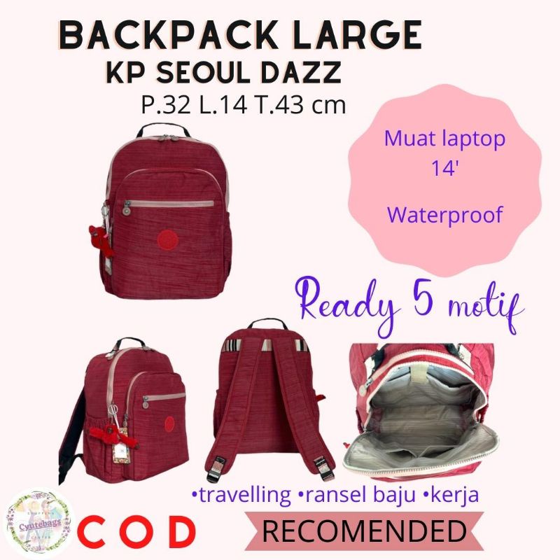 Tas ransel wanita laptop kerja travel Kipling seoul up dazz series backpack large