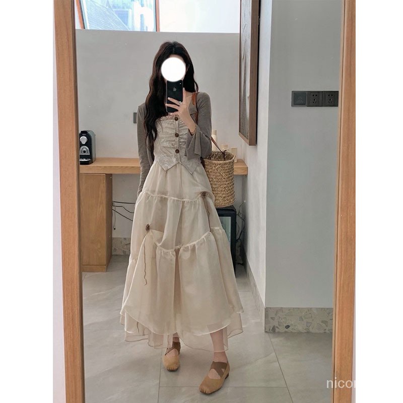 Nico##FAHUA Gaya Perancis Tabung Atas Gaun untuk Wanita Musim Panas Niche Rasa Desain Tulle Rok Tinggi Tem