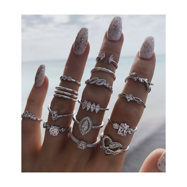 LRC Cincin Fashion Silver Color 3 Water Drop Geometric Diamond Alloy Ring Set P69699