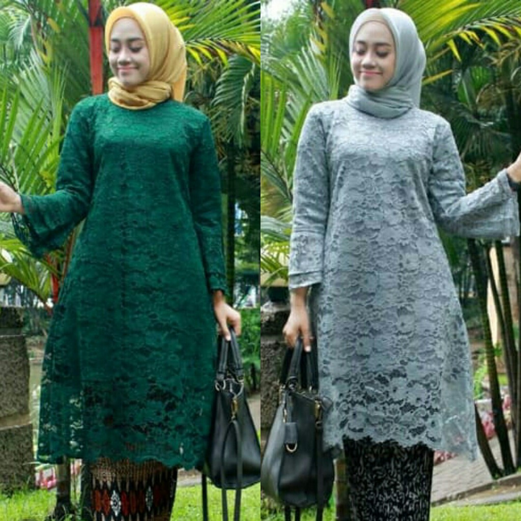 Atasan Kebaya Brukat Long Cape Hijau dan Grey