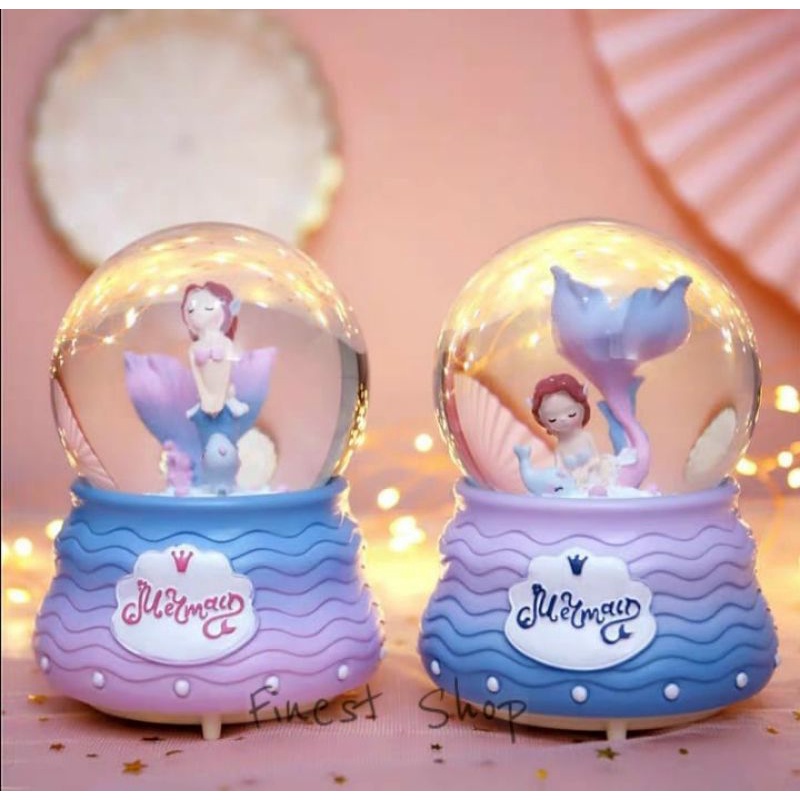 Kotak Musik Snowball MERMAID Ariel Lilac Waterball Lampu Princess JUMBO Pajangan Vintage Shabby Kristal Globe Ball Otomatis Putri Dolphin Hiasan Bola Kaca Crystal Salju Birthday Gift Box Kado Wisuda Valentine Hadiah Anniversary Surprise Snowglobe Ultah