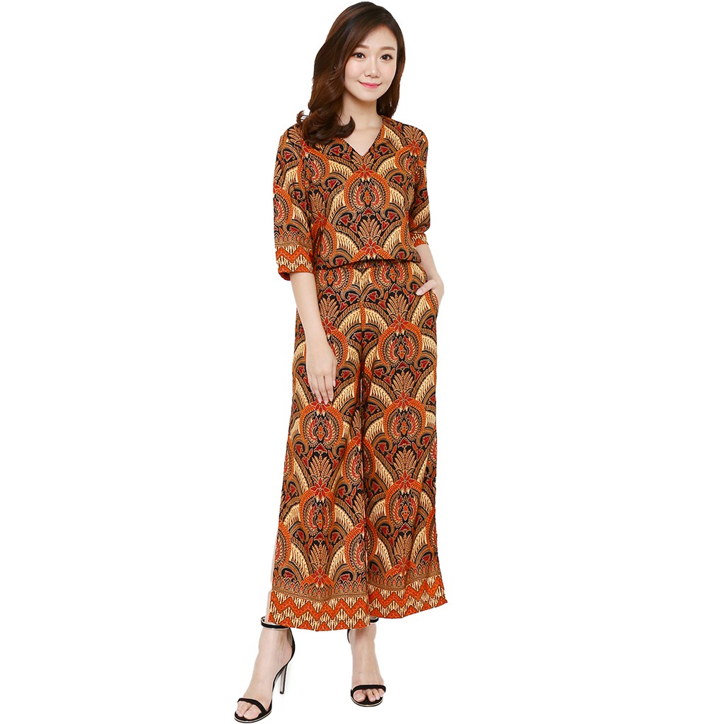 Flike Store - Set V-Neck Blouse & Celana Belah Samping Motif Semeru