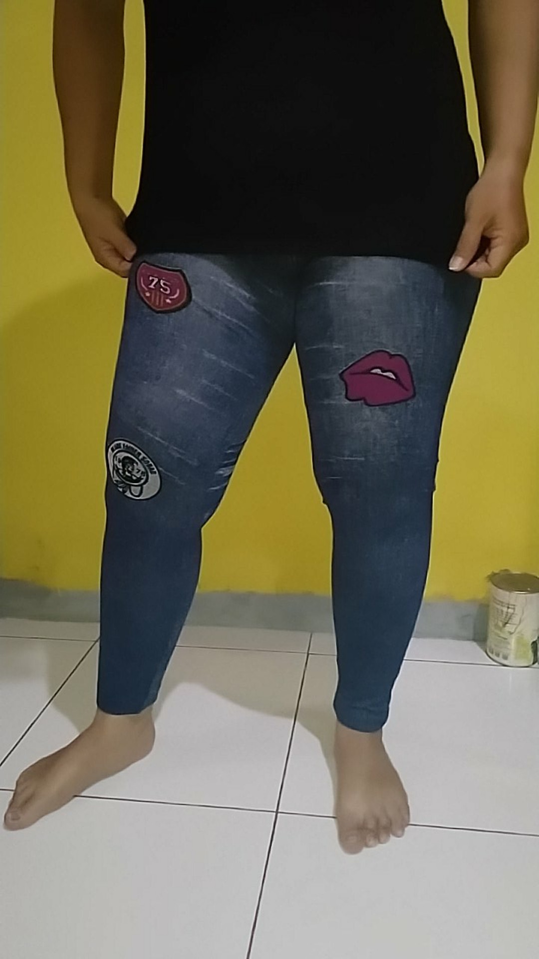 [cod] Legging Jeans Panjang Motif Lip Kekinian R025#