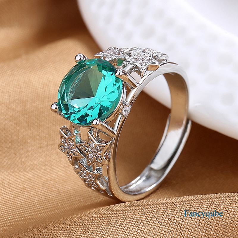 Fancyqube Cincin 925 Sterling Silver Bentuk Oval Cut Out Aksen Zamrud Hijau Biru Merah Zaitun Bahan Zirkon Untuk Wanita