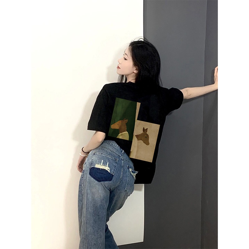 baju atasan wanita/vintage print t-shirt/korean style kaos hitam/kaos wanita lengan pendek oversize